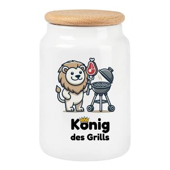 Lion au barbecue avec une couronne - Boîte à biscuits avec couvercle en bois - blanc - Devant