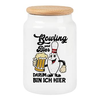 Humorvoller Bowling-Pin mit Bier - Keksdose mit Holzdeckel - Weiß - Vorne
