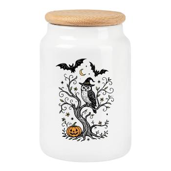 Hexeneule im Baum mit Kürbis - Halloween - Keksdose mit Holzdeckel - Weiß - Vorne