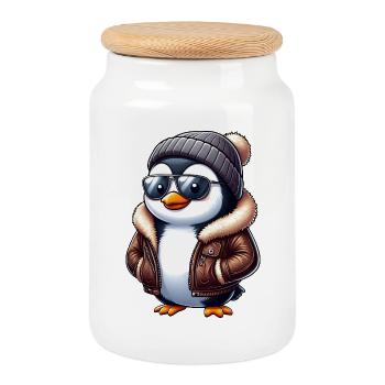 Cool Penguin with Sunglasses Beanie Leather Jacket - Cookie Jar with Wooden Lid - white - Front