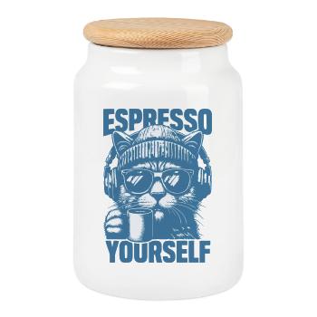 "Espresso Yourself" Cool Cat with Coffee - Cookie Jar with Wooden Lid - white - Front