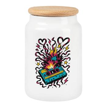 Cassette Explosion – 80s Tape Chaos - Cookie Jar with Wooden Lid - white - Front