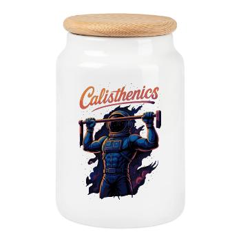 Calisthenics Astronaut Klimmzüge Klimmzug Geschenk - Keksdose mit Holzdeckel - Weiß - Vorne