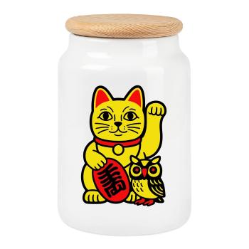 Lucky cat with little owl - Cookie Jar with Wooden Lid - white - Front