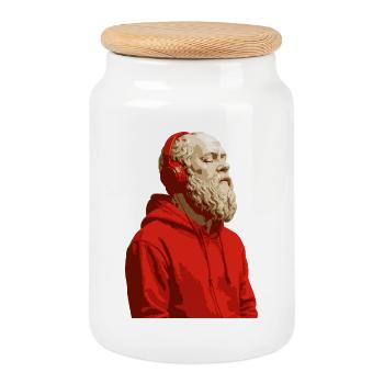 Socrate avec un sweat à capuche rouge et des écouteurs - Boîte à biscuits avec couvercle en bois - blanc - Devant