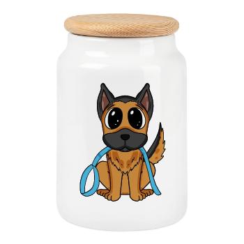Cute dog with bow - German Shepherd - Cookie Jar with Wooden Lid - white - Front