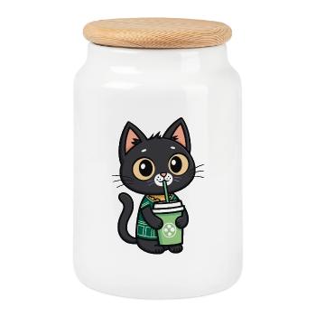 Cute cat with drinking cup drinking bubble tea - Cookie Jar with Wooden Lid - white - Front