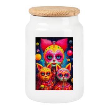 Visages Cosmiques Esquissés en Vifs Couleurs - Boîte à biscuits avec couvercle en bois - blanc - Devant