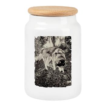 Husky dans la forêt en noir et blanc - Boîte à biscuits avec couvercle en bois - blanc - Devant