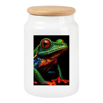 Vivid Rainbow Tree Frog Illustration - Cookie Jar with Wooden Lid - white - Front