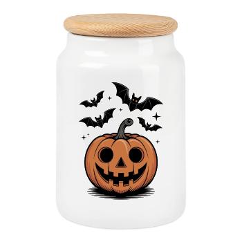 Scary pumpkin head with laughing face - Cookie Jar with Wooden Lid - white - Front