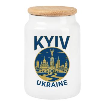 Illustration de la ligne d’horizon du point de repère de Kyiv - Boîte à biscuits avec couvercle en bois - blanc - Devant