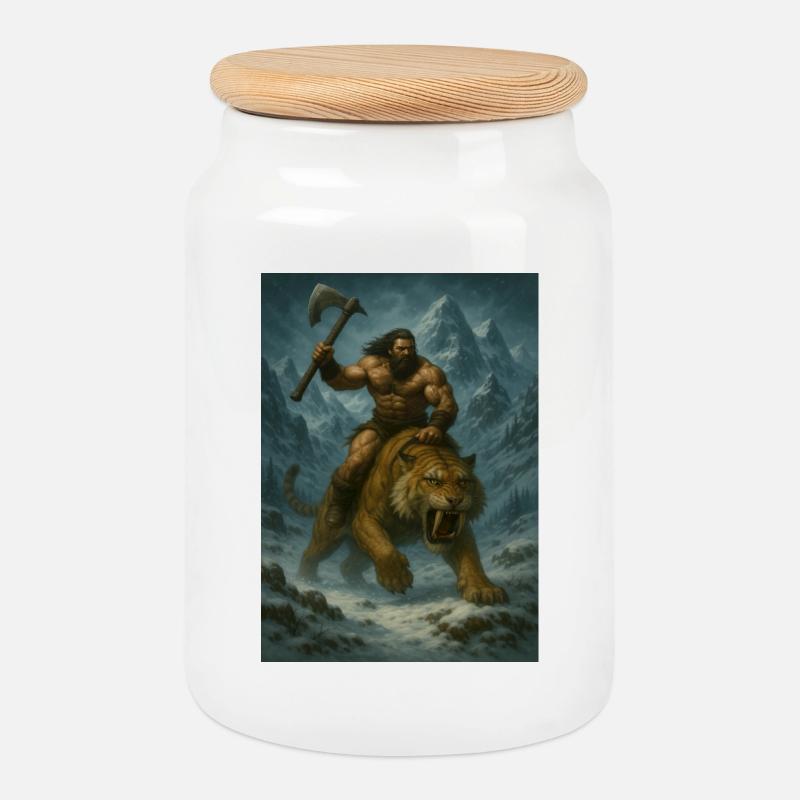 Wilder Krieger auf Sabertooth Tiger – Kunst - Keksdose mit Holzdeckel - Weiß