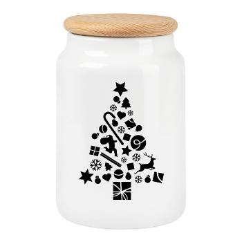 Sapin de Noël plein de décorations - Boîte à biscuits avec couvercle en bois - blanc - Devant