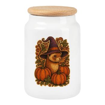 Pumpkin Witch Ferret Autumn - Cookie Jar with Wooden Lid - white - Front