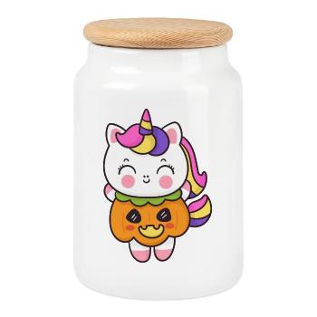 Kawaii Unicorn Pumpkin Halloween Tee - Cookie Jar with Wooden Lid - white - Front