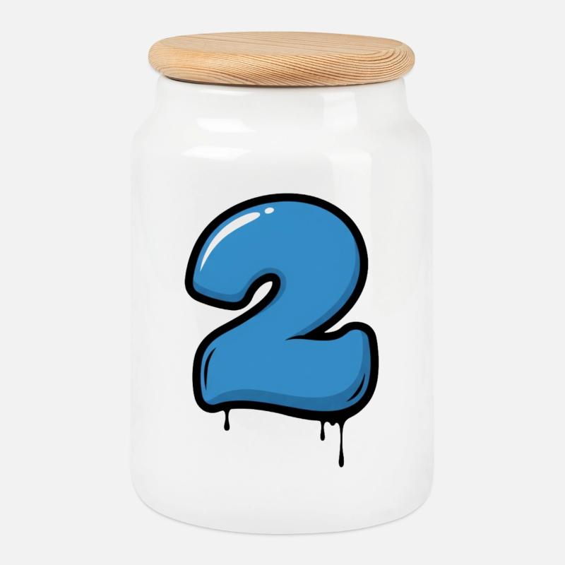 Graffiti Blue Number 2 Drops - Cookie Jar with Wooden Lid - white