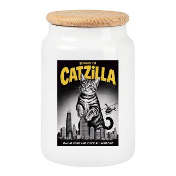 Catzilla sur les toits de la ville - Boîte à biscuits avec couvercle en bois - blanc - Devant