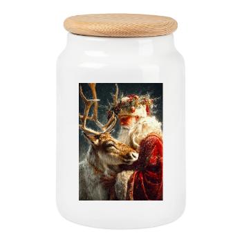 Étreinte hivernale du Père Noël et des rennes - Boîte à biscuits avec couvercle en bois - blanc - Devant