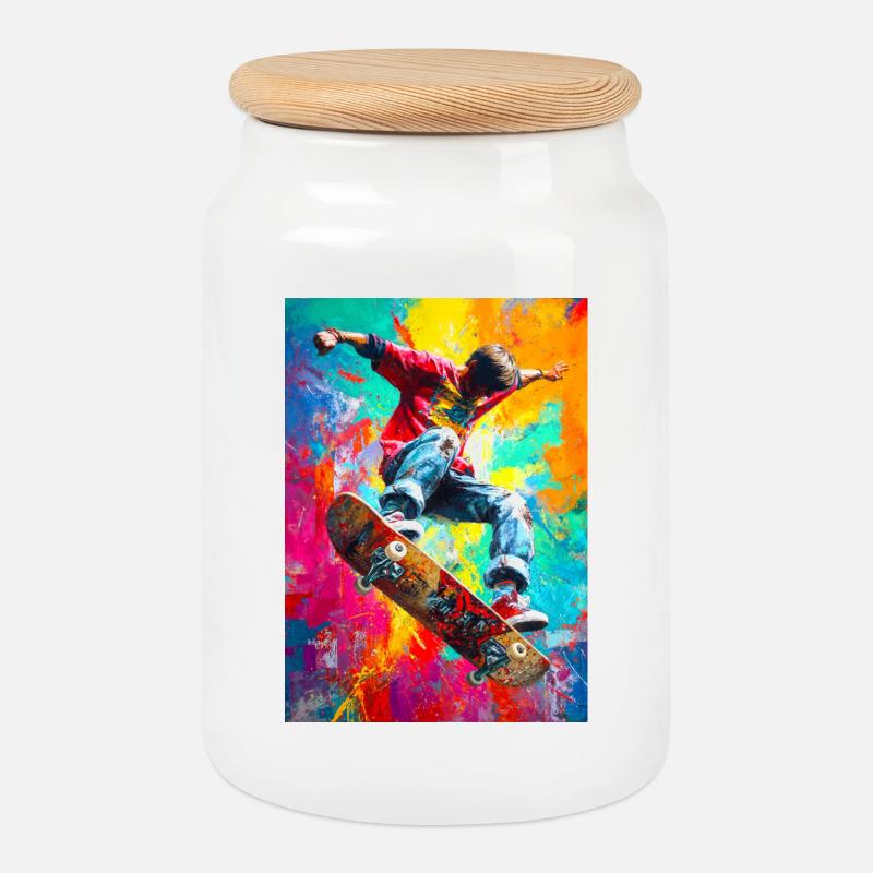 Chromatischer Skateboard Splash - Keksdose mit Holzdeckel - Weiß