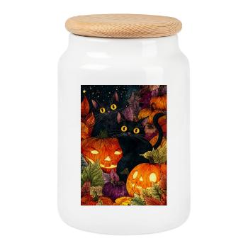 Halloween Moonlit Pumpkin Cats - Cookie Jar with Wooden Lid - white - Front