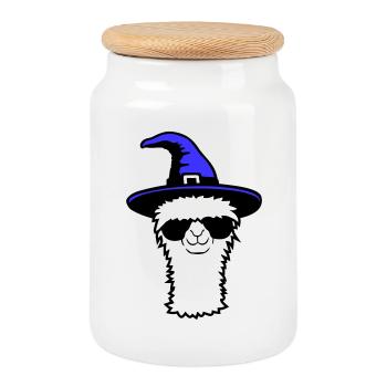 Lama Cool Hexenhut Sonnenbrille Halloween Alpaka - Keksdose mit Holzdeckel - Weiß - Vorne