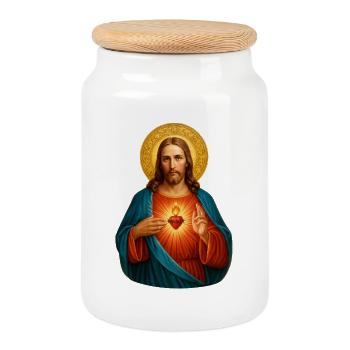 Sacred Heart Iconic Print - Cookie Jar with Wooden Lid - white - Front
