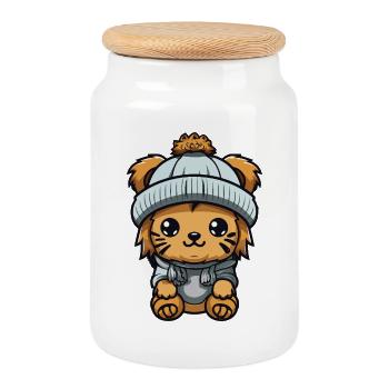 Lion Hiver Animal Bébé Bande Dessinée - Boîte à biscuits avec couvercle en bois - blanc - Devant