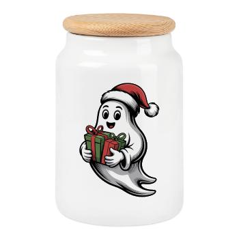 Weihnachtsgeist mit Geschenk - Keksdose mit Holzdeckel - Weiß - Vorne