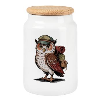 Wandering owl with backpack - Cookie Jar with Wooden Lid - white - Front