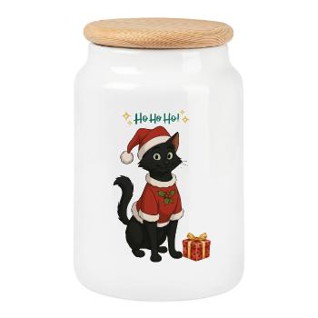 HoHoHo!! chat noir - Boîte à biscuits avec couvercle en bois - blanc - Devant