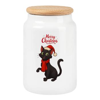 Chat noir Merry Christmas - Boîte à biscuits avec couvercle en bois - blanc - Devant