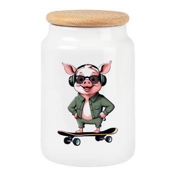 Skateboard Pig Retro Look - Cookie Jar with Wooden Lid - white - Front