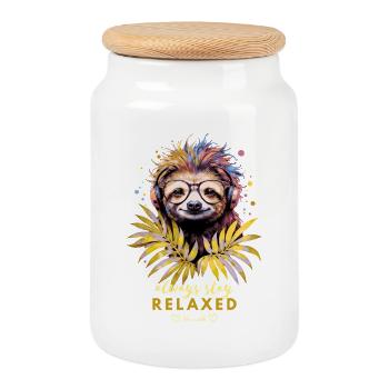 Colorful Sloth – Always Stay Relaxed - Cookie Jar with Wooden Lid - white - Front
