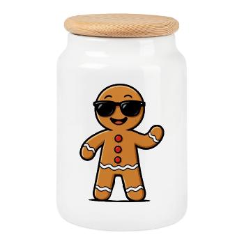 Gingerbread Man with Sunglasses - Cookie Jar with Wooden Lid - white - Front