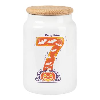 Spooky Halloween 7 Design with Pumpkin and Bats - Cookie Jar with Wooden Lid - white - Front