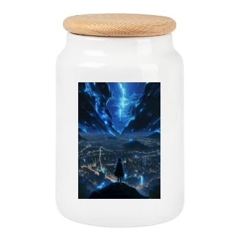 Luminous city under electric sky - Cookie Jar with Wooden Lid - white - Front
