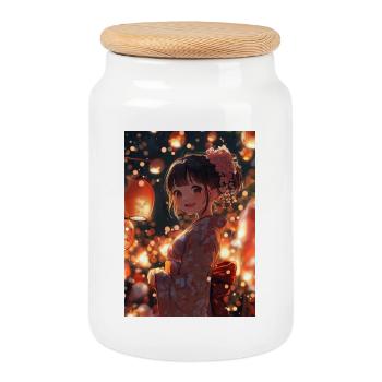 Luminous yukata festival night - Cookie Jar with Wooden Lid - white - Front