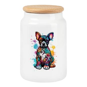 Chien coloré avec éclaboussure de peinture - Boîte à biscuits avec couvercle en bois - blanc - Devant