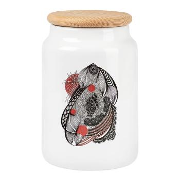 Motif de fleurs en ligne avec accent rouge - Boîte à biscuits avec couvercle en bois - blanc - Devant