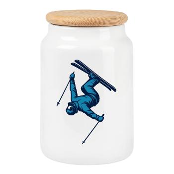 Ski | Skieur | Montagne - Boîte à biscuits avec couvercle en bois - blanc - Devant