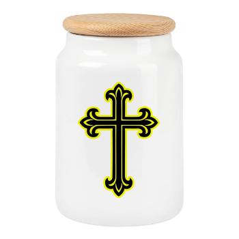 Cross Symbol Christian - Cookie Jar with Wooden Lid - white - Front