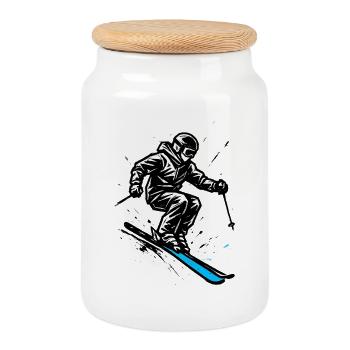 Ski | Skieur | Montagne - Boîte à biscuits avec couvercle en bois - blanc - Devant