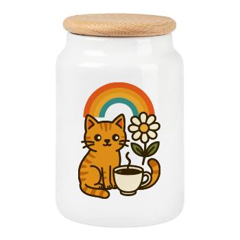 Coffee, Cat and Rainbow - Cookie Jar with Wooden Lid - white - Front
