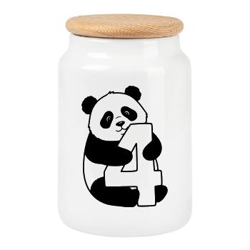 Panda with number 4 cartoon illustration - Cookie Jar with Wooden Lid - white - Front