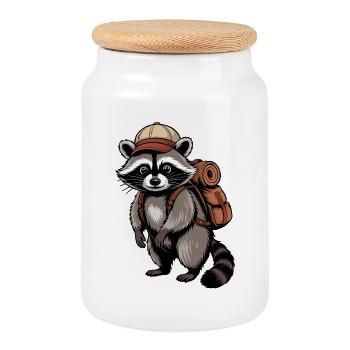 Waschbär Trekking-Design - Keksdose mit Holzdeckel - Weiß - Vorne