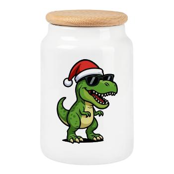 T-Rex Santa mit Sonnenbrille - Keksdose mit Holzdeckel - Weiß - Vorne