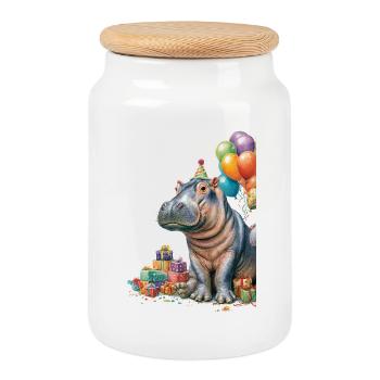Hippo Birthday Party with Balloons - Cookie Jar with Wooden Lid - white - Front