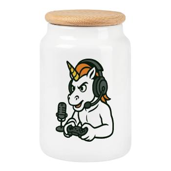 Gamer Unicorn mit Headset-Raserei-Modus - Keksdose mit Holzdeckel - Weiß - Vorne