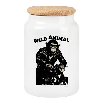Chimp Biker Rebel on Midnight Bike - Cookie Jar with Wooden Lid - white - Front
